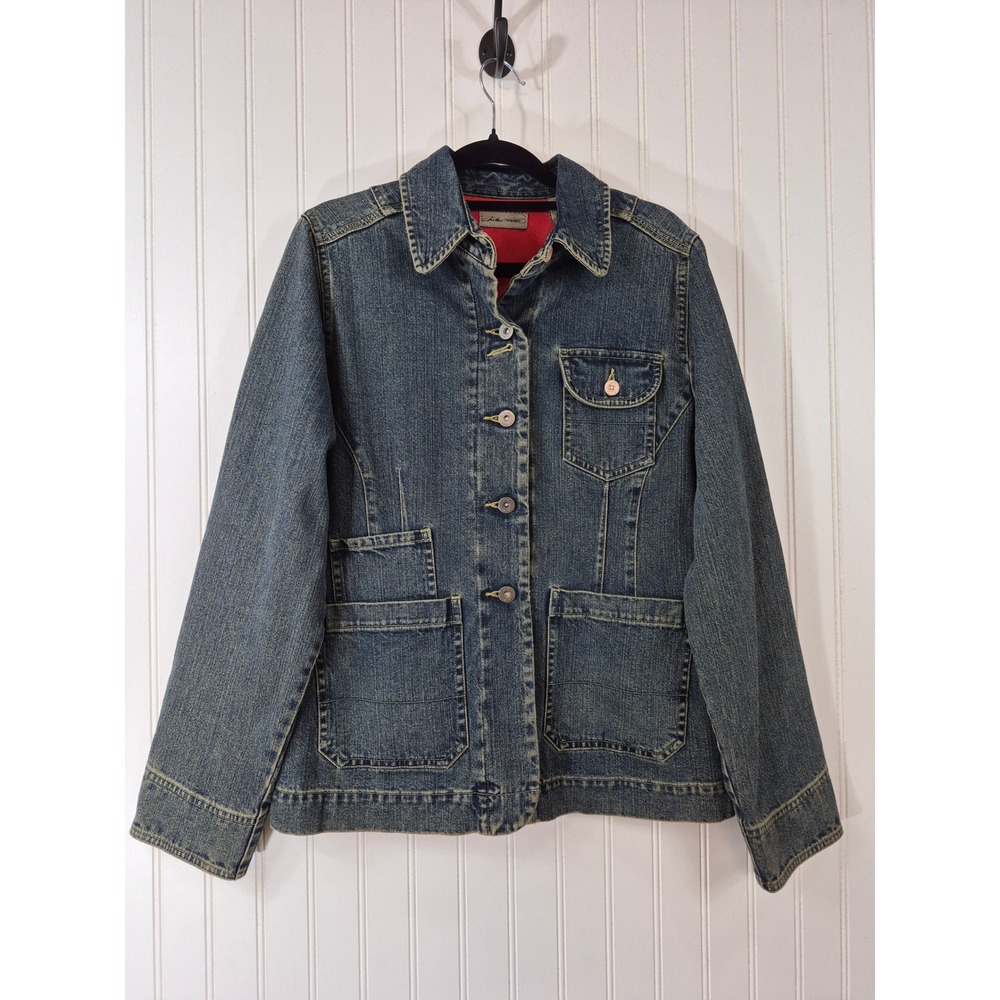 I.E. Relaxed Denim Chore Jacket Blue Red Lining Utility Size Small Rugged